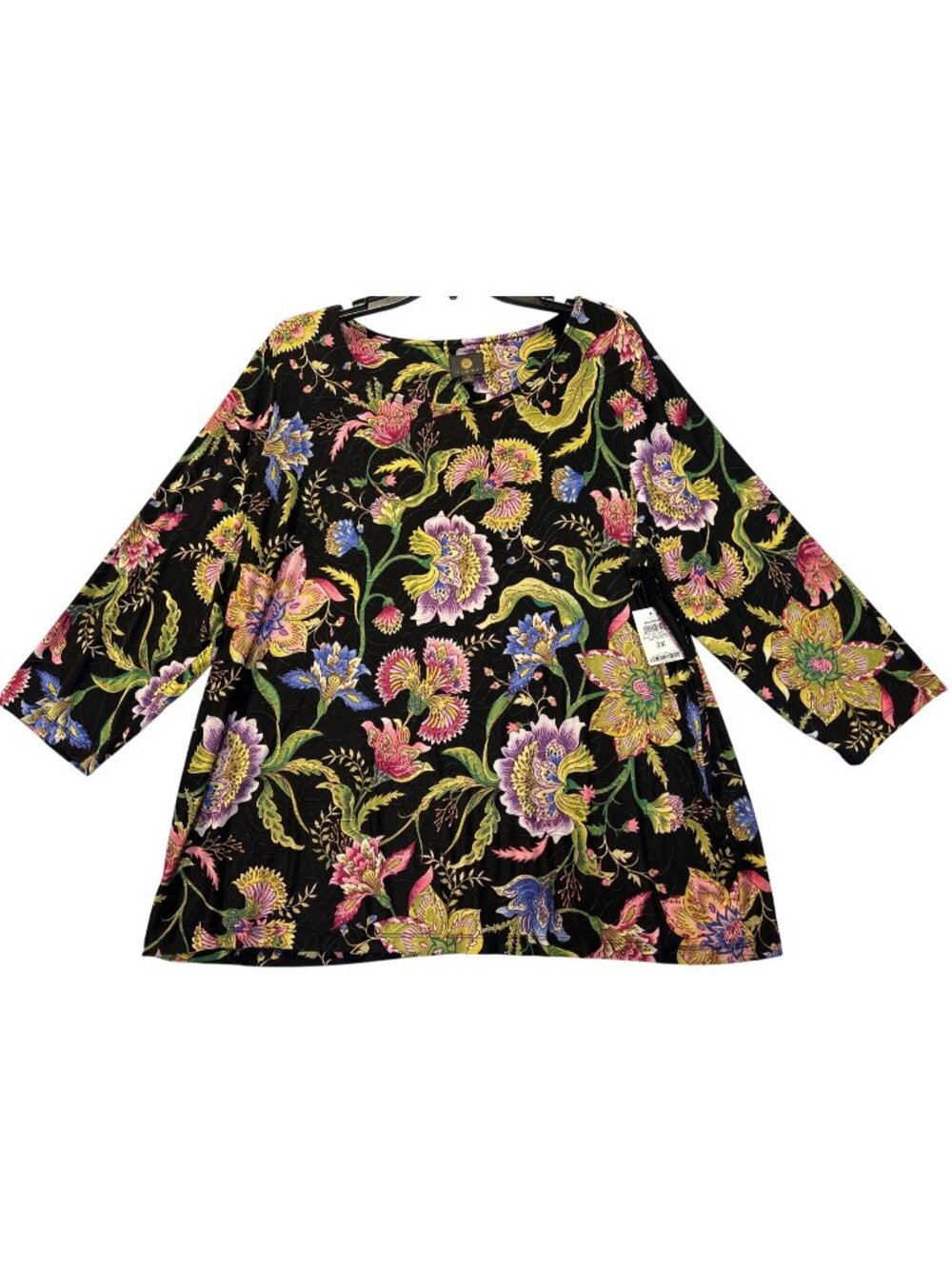 JM Collection Womens 2X Jacquard Floral Print 3/4 Sleeve Top In Deep Black
